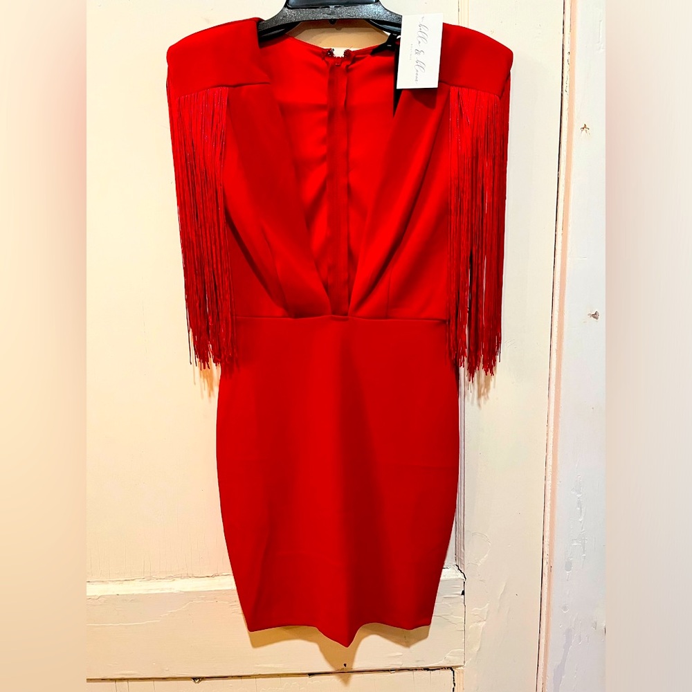 RETHM Deep-V Fringe Shoulder Pad Dress Size Small